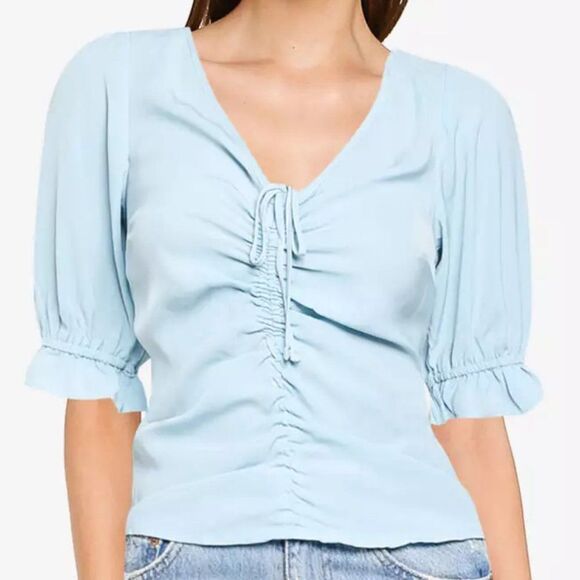 Abercrombie Cinch Front Puff Sleeve Cropped Top Light Blue Size Small Peasant - Picture 1 of 10